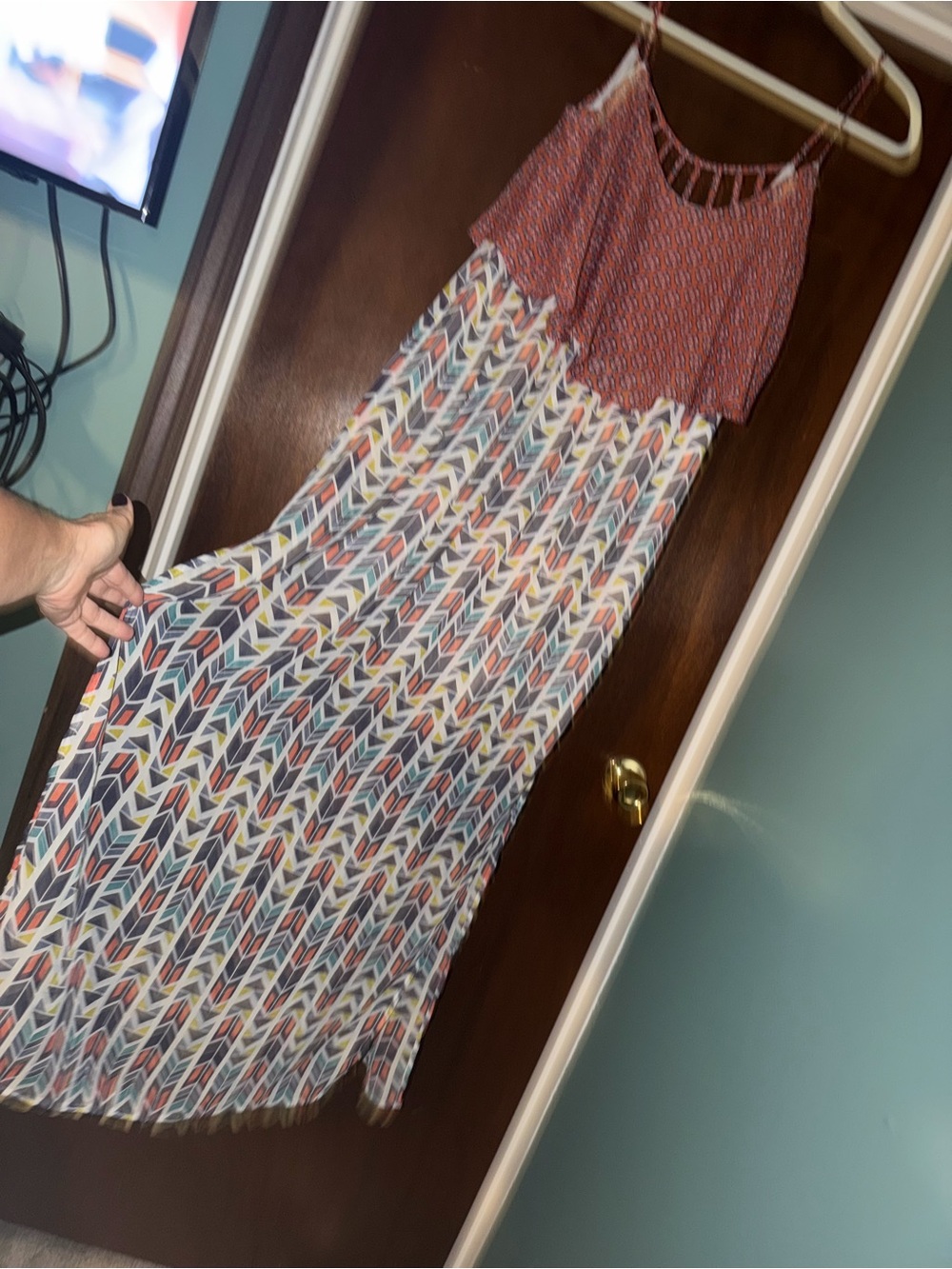 Large Multi-Color Printed Maxi Dress - Rust Bodice.Long Slits. Short slip layer